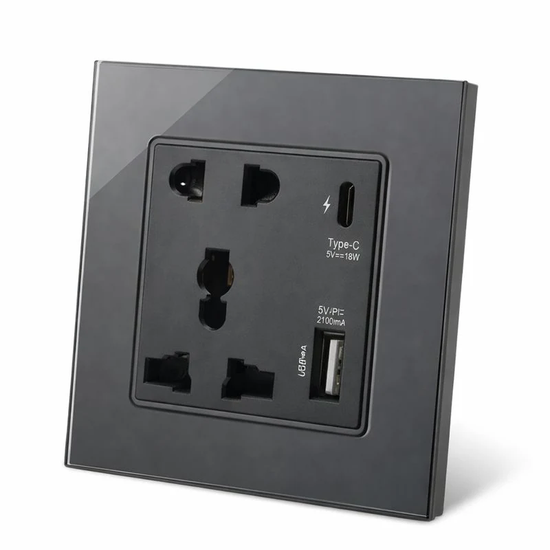 Glass Border Wall Socket 5 Pin With Type-C and USB Black – ButterFly BD image 2